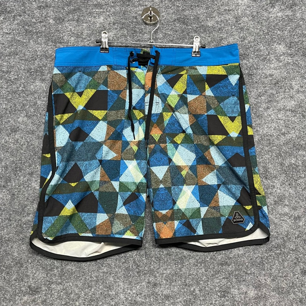 Prana Board Shorts Mens Size 36 Blue Black Geometric Mosaic Print Swim Trunks
